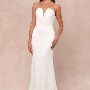 Lulus Gorgeous Love White Lace Strapless Mermaid Maxi Dress - Size S